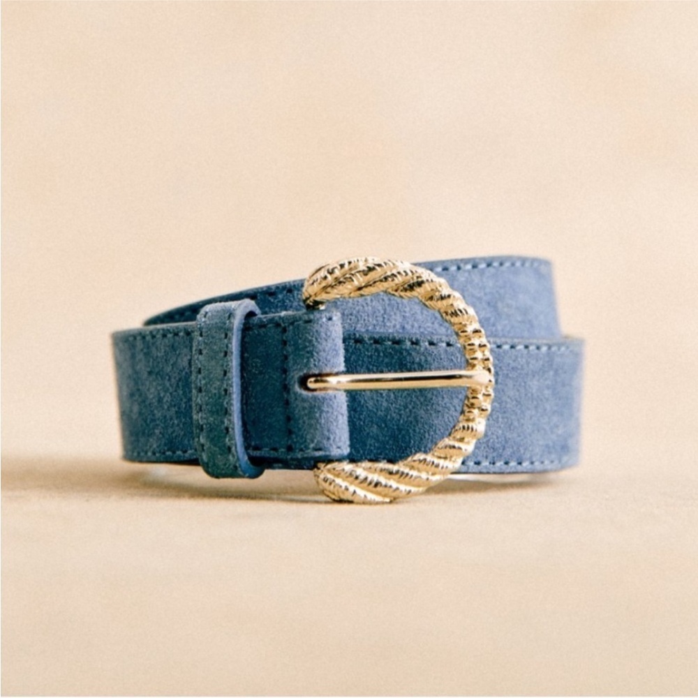 Sezane Thelma Suede Belt Round Buckle Statement Leather Denim Blue Gold 75 cm